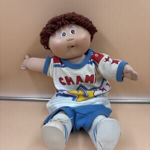 Vintage 1982 Cabbage Patch Kids Boy Doll Brown Hair Champ #1 Outfit Coleco CPK